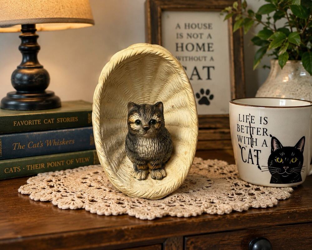 Vintage 1984 Harvey Knox Kingdom Cat in Basket Figurine Global Art Japan